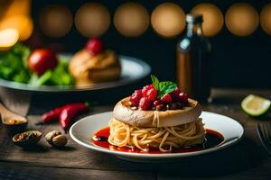 spaghetti med tomat sås och basilika på en tallrik. ai-genererad foto