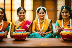 tre kvinnor i traditionell saris Sammanträde runt om en tabell med krukor. ai-genererad foto