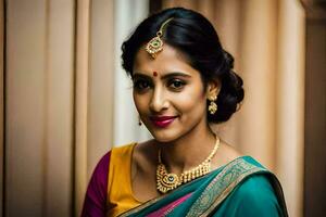 en skön indisk kvinna i en färgrik sari. ai-genererad foto