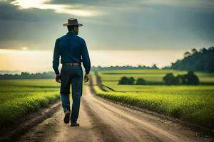 en man i en cowboy hatt promenader ner en smuts väg. ai-genererad foto