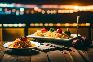 pasta med tomat sås och grönsaker på en trä- tabell. ai-genererad foto