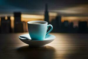 kaffe kopp på en tabell med stadsbild i de bakgrund. ai-genererad foto