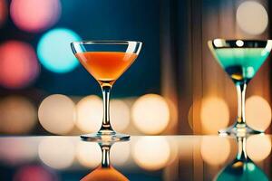 två glasögon av cocktails på en tabell med lampor i de bakgrund. ai-genererad foto