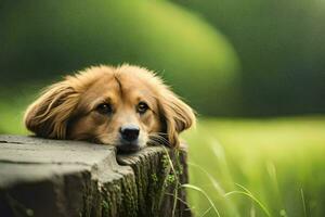 en hund är vilar på en logga i en fält. ai-genererad foto
