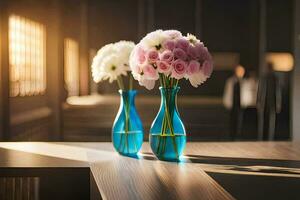 två vaser med rosa och vit blommor på en tabell. ai-genererad foto