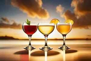 tre glasögon av vin med citron- skivor på de tabell. ai-genererad foto