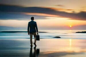 affärsman gående på de strand på solnedgång. ai-genererad foto