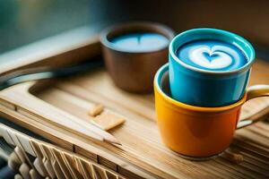 två färgrik koppar av kaffe med en hjärta form. ai-genererad foto