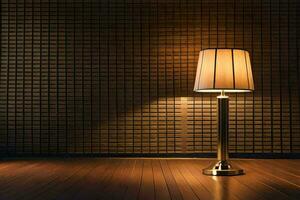 en lampa i en mörk rum med en tegel vägg. ai-genererad foto
