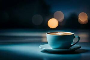 en kopp av kaffe på en tabell med suddig bokeh. ai-genererad foto