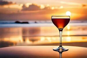 en glas av vin på de strand på solnedgång. ai-genererad foto