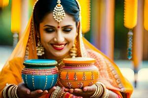 en kvinna i traditionell indisk klänning innehav två färgrik krukor. ai-genererad foto
