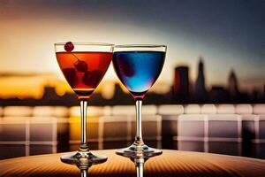 två glasögon av cocktails med en stad horisont i de bakgrund. ai-genererad foto