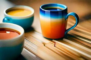 två färgrik koppar av kaffe sitta på en trä- tabell. ai-genererad foto