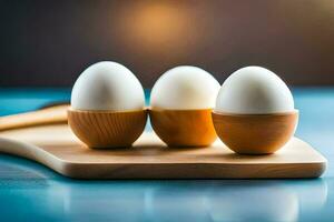 tre ägg på en skärande styrelse med en sked. ai-genererad foto
