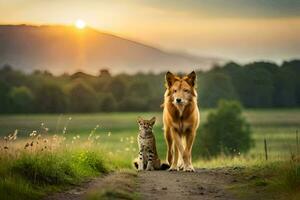 en hund och katt gående på en smuts väg på solnedgång. ai-genererad foto