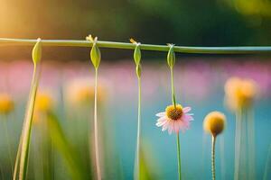 en blomma är växande på en tråd i de Sol. ai-genererad foto