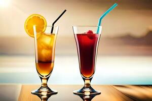 två glasögon av alkoholhaltig drycker med is och frukt. ai-genererad foto