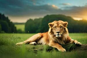 de lejon är en manlig lejon, en medlem av de katt familj, som inkluderar tigrar, le. ai-genererad foto