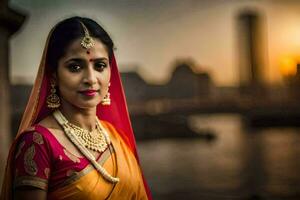 en skön indisk kvinna i ett orange sari. ai-genererad foto
