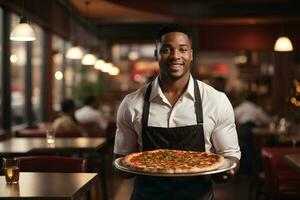 leende Afroamerikan servitör håll i händer tallrik med aptitlig pizza i Kafé eller restaurang. ai generativ foto