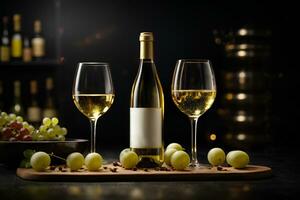 vin glas av vit vin, vin flaska och vindruvor på svart bakgrund. kommersiell PR Foto. ai generativ foto