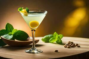 en Martini med citron- och mynta löv. ai-genererad foto