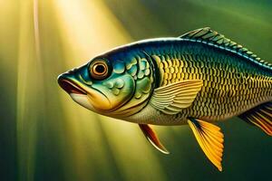 en fisk med ljus gul ögon och grön fenor. ai-genererad foto