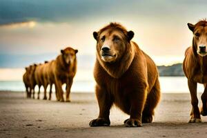 en grupp av lejon gående på de strand. ai-genererad foto