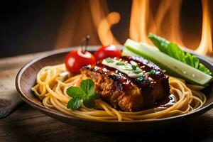 en tallrik av spaghetti med kött och grönsaker. ai-genererad foto