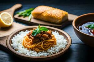 spaghetti med kött och ris i en trä- skål. ai-genererad foto