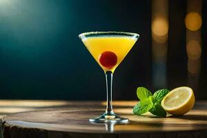 cocktail med citron- och mynta på en trä- tabell. ai-genererad foto