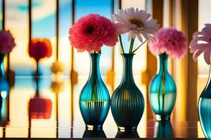 fyra blå vaser med blommor i dem. ai-genererad foto