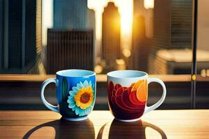 två kaffe muggar med solros mönster på dem Sammanträde på en tabell. ai-genererad foto