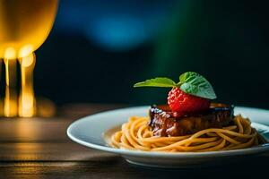 spaghetti med en jordgubb och en glas av vin. ai-genererad foto