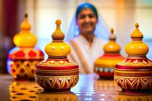 en kvinna i en traditionell indisk klänning är stående i främre av färgrik vaser. ai-genererad foto