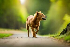 en brun hund löpning ner en väg. ai-genererad foto