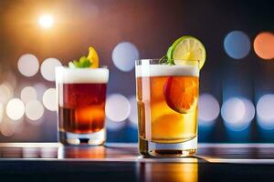 två glasögon av alkoholhaltig drycker med kalk och orange skivor. ai-genererad foto