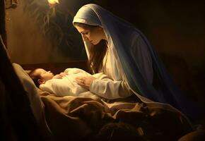 mary och de bebis Jesus, son av Gud, jul berättelse, jul natt foto