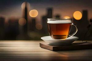 en kopp av te på en trä- tabell i främre av en stadsbild. ai-genererad foto