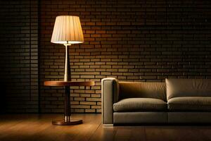 en soffa och lampa i främre av en tegel vägg. ai-genererad foto