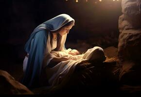 mary och de bebis Jesus, son av Gud, jul berättelse, jul natt foto