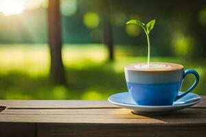 en kaffe kopp med en växt växande ut av Det. ai-genererad foto