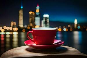 en kopp av kaffe på en trä- tabell i främre av en stadsbild på natt. ai-genererad foto