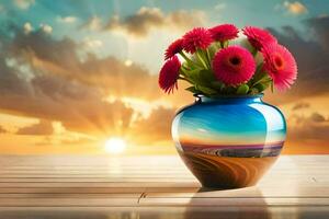 en vas med rosa blommor på en tabell med en solnedgång. ai-genererad foto