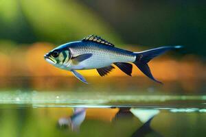 en fisk är flygande över vatten med en grön bakgrund. ai-genererad foto