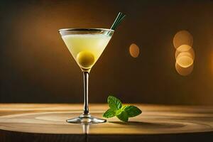 en Martini med oliv och mynta på en trä- tabell. ai-genererad foto