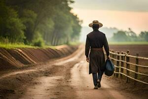 en man i en cowboy hatt gående ner en smuts väg. ai-genererad foto