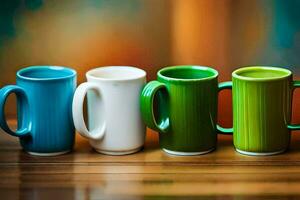 fem färgrik kaffe koppar fodrad upp på en tabell. ai-genererad foto