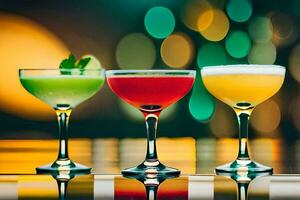 tre annorlunda cocktails är visad i en rad. ai-genererad foto